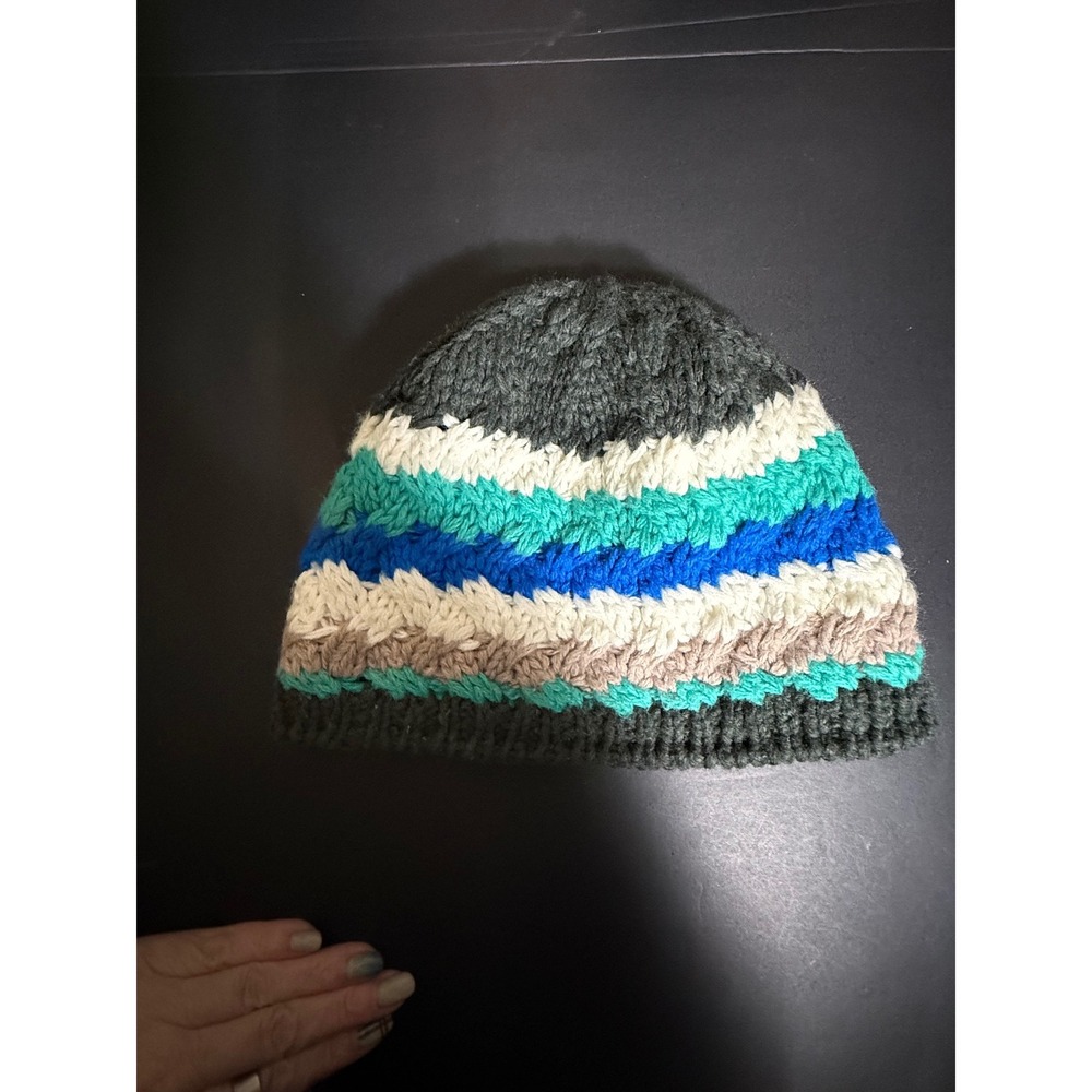 Barts Knit Beanie Striped Fleece Lined Winter Hat Blue Grey Cream One Size